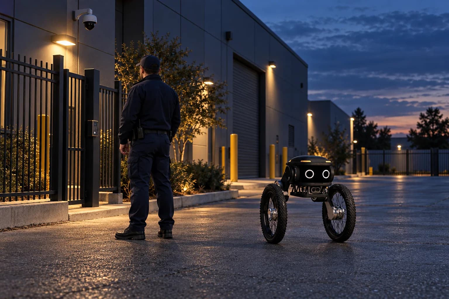 Illustration of a security professional and a ground robot beside a commercial site's service gate.