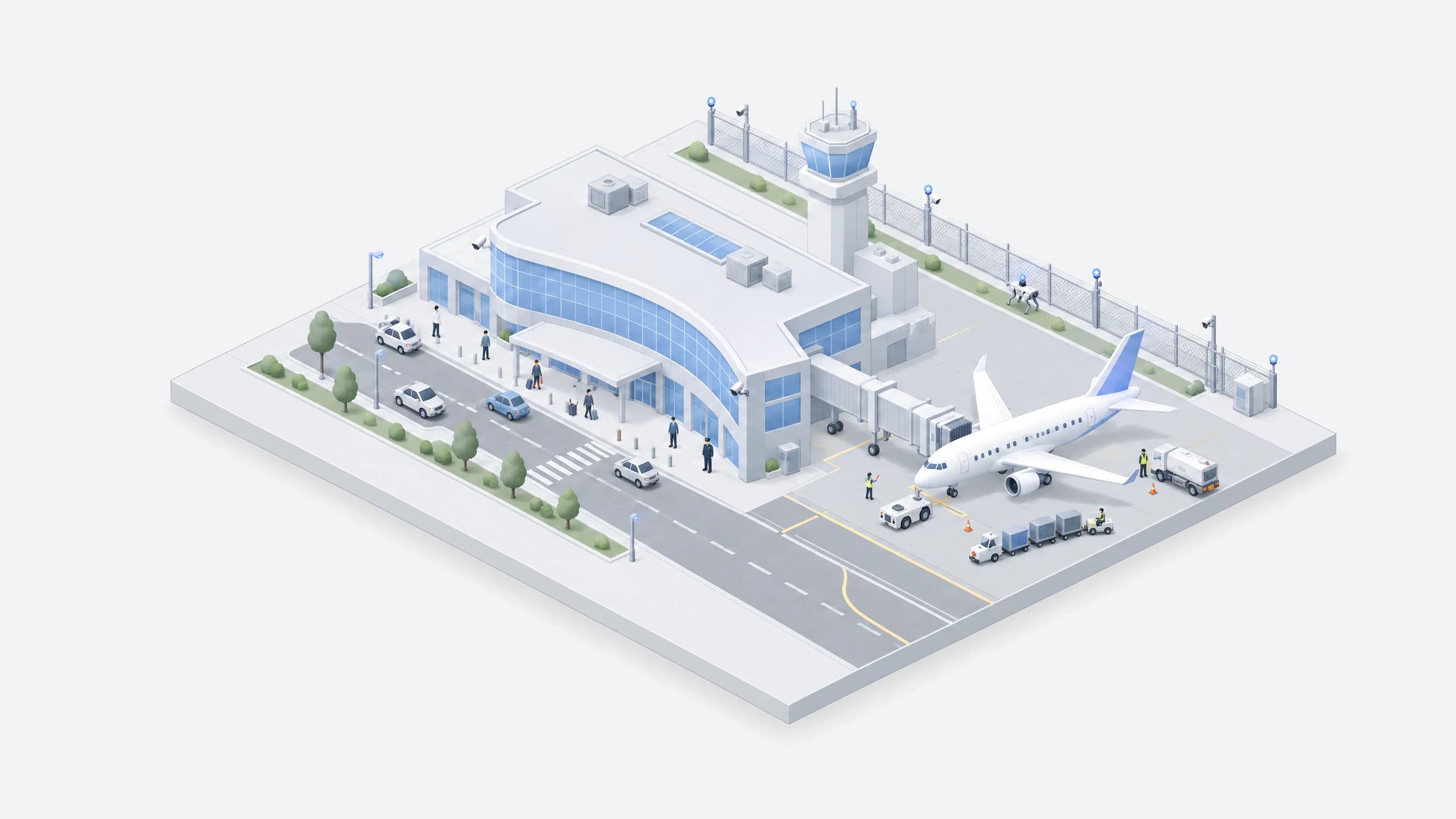 Isometric illustration of an airport terminal, control tower, aircraft stand, access roads, and perimeter cameras