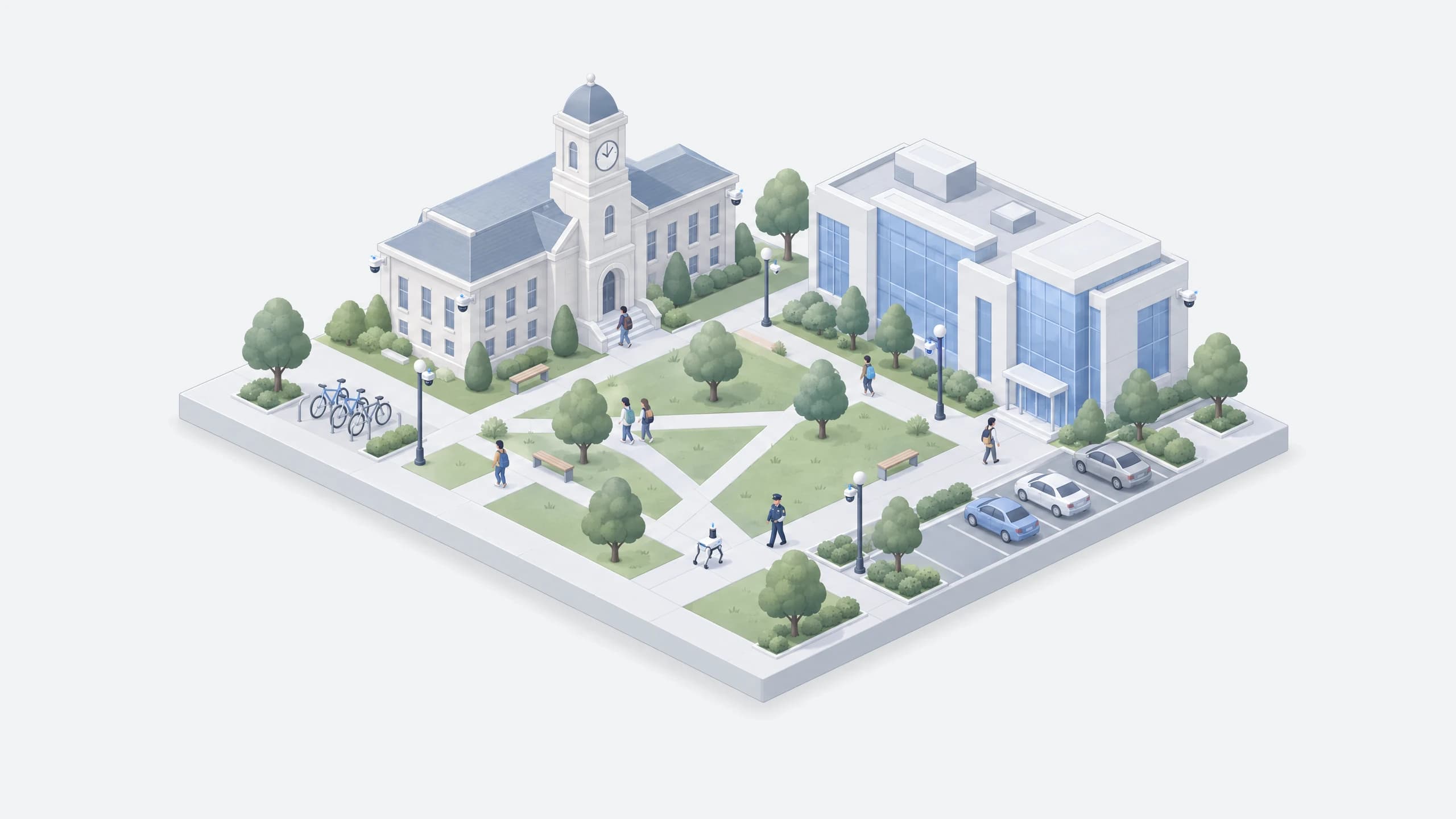 Isometric illustration of a campus with academic and office buildings, shared grounds, cameras, and a patrol robot