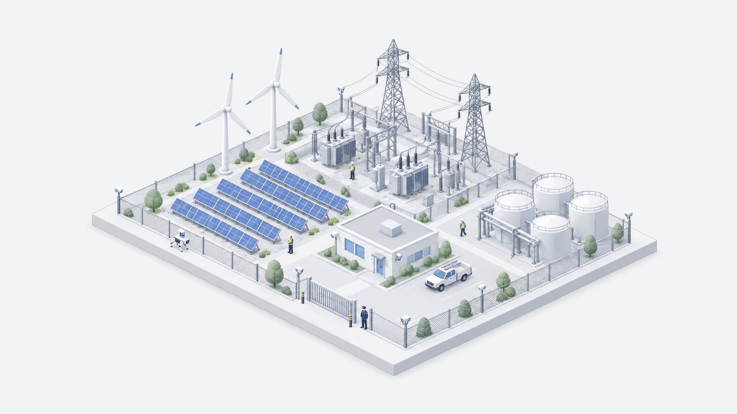 Isometric illustration of a fenced energy site with solar panels, wind turbines, a substation, and storage tanks