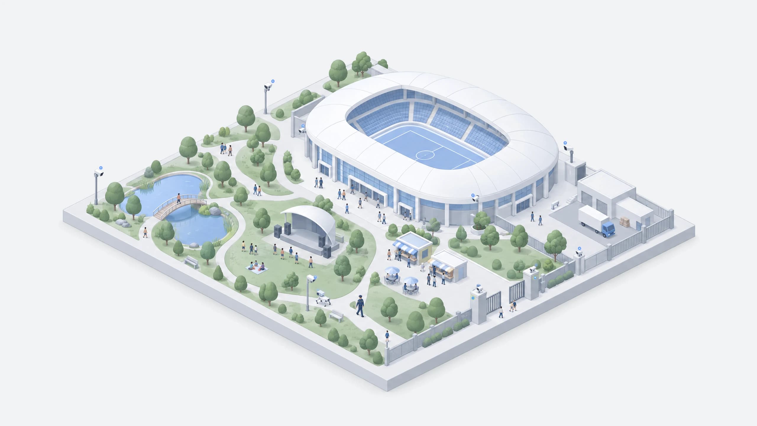 Isometric illustration of a stadium, park, event spaces, and service entrance with cameras and patrol robots
