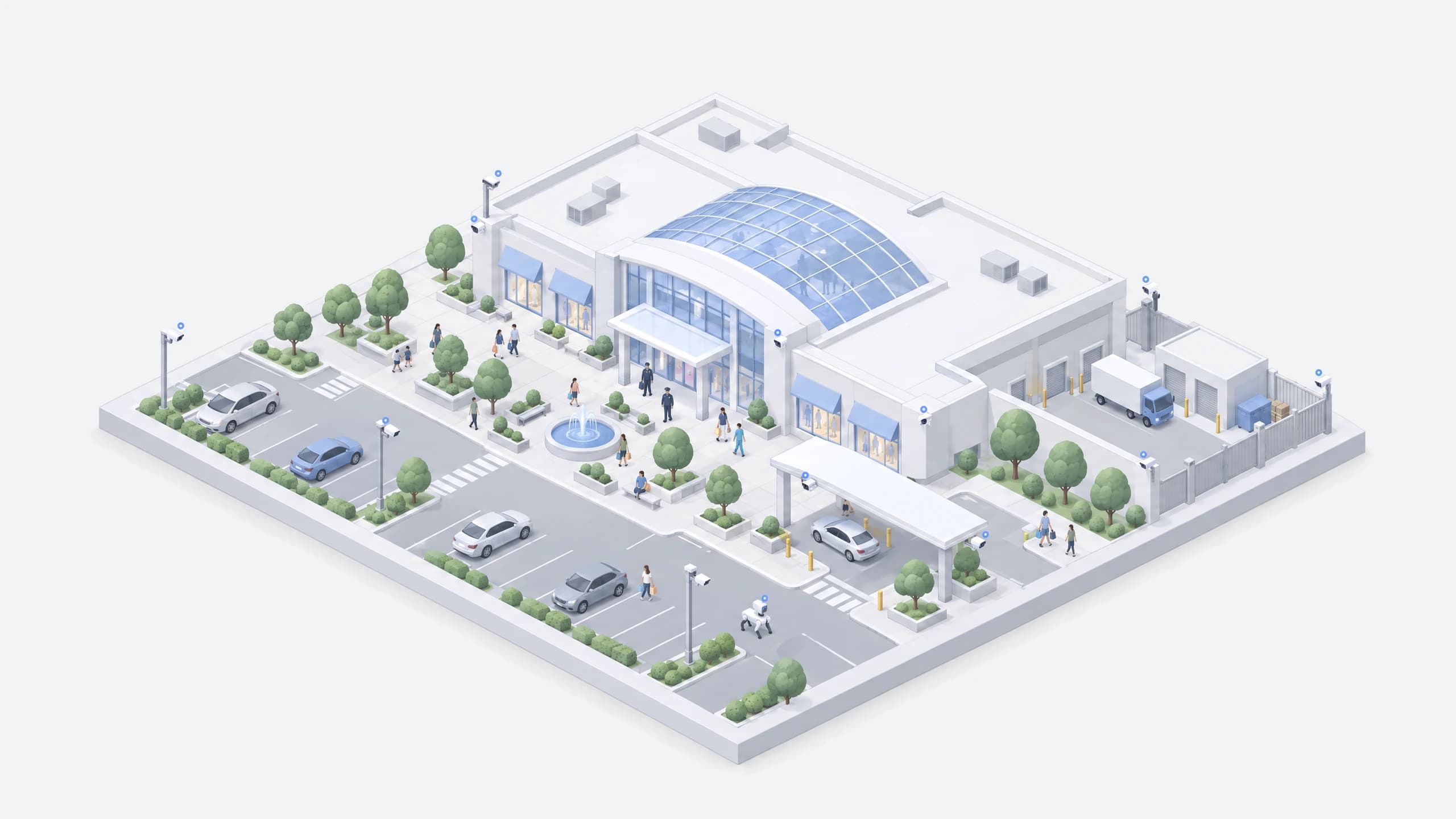 Isometric illustration of a shopping center with storefronts, parking, loading bays, cameras, and a patrol robot