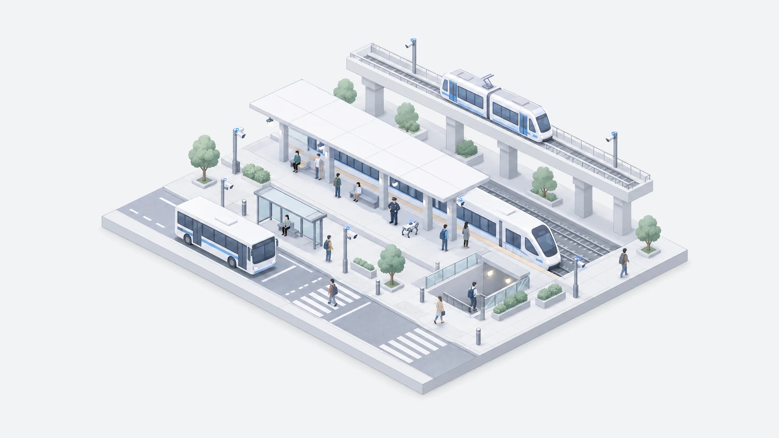 Isometric illustration of a transit hub with rail platforms, a bus stop, station entrances, cameras, and a patrol robot
